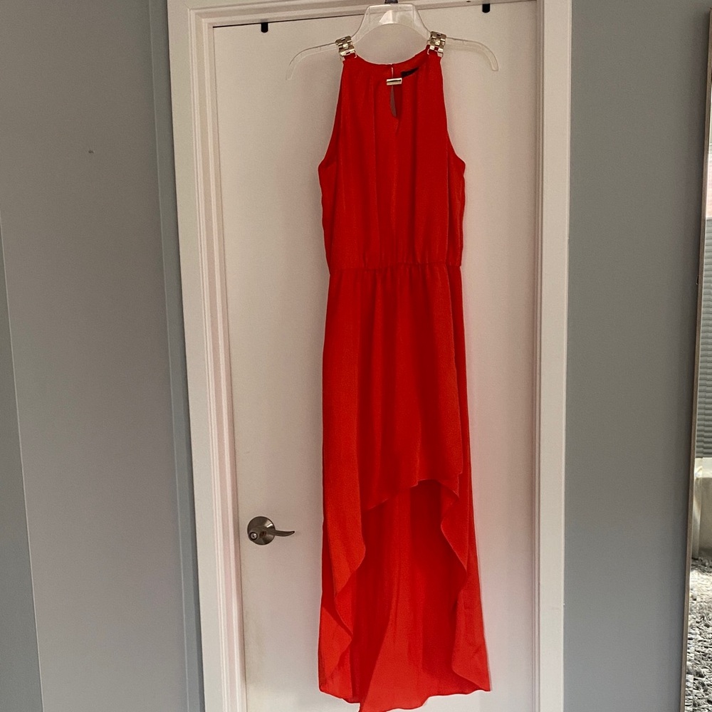 Suzy Shier Women’s Vibrant Orange Red Sleeveless High-Low Maxi Halter Neck Dress